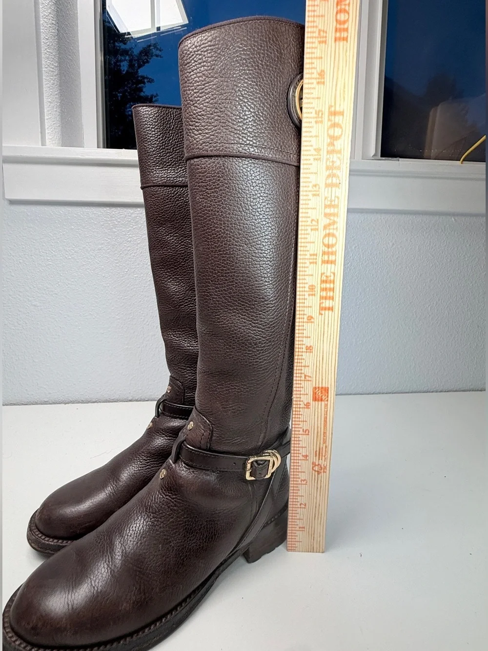 Tory Burch Boots Brown Pebbled Leather Riding Boots Tall Zip Logo women size 6.5